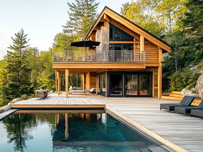 modernes Holzhaus mit Badeteich